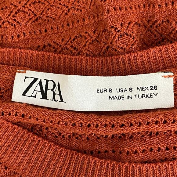 2/$30 ZARA Open Knit Crochet Sweater Small Burnt Orange Crew Long Sleeve #6453 - Picture 9 of 13